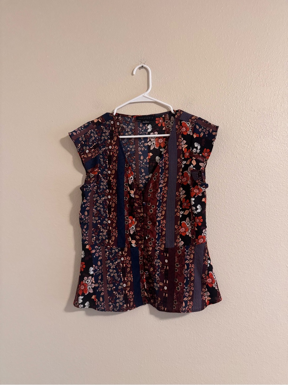 Sanctuary Navy and Burgundy Floral Patchwork V-Neck Top